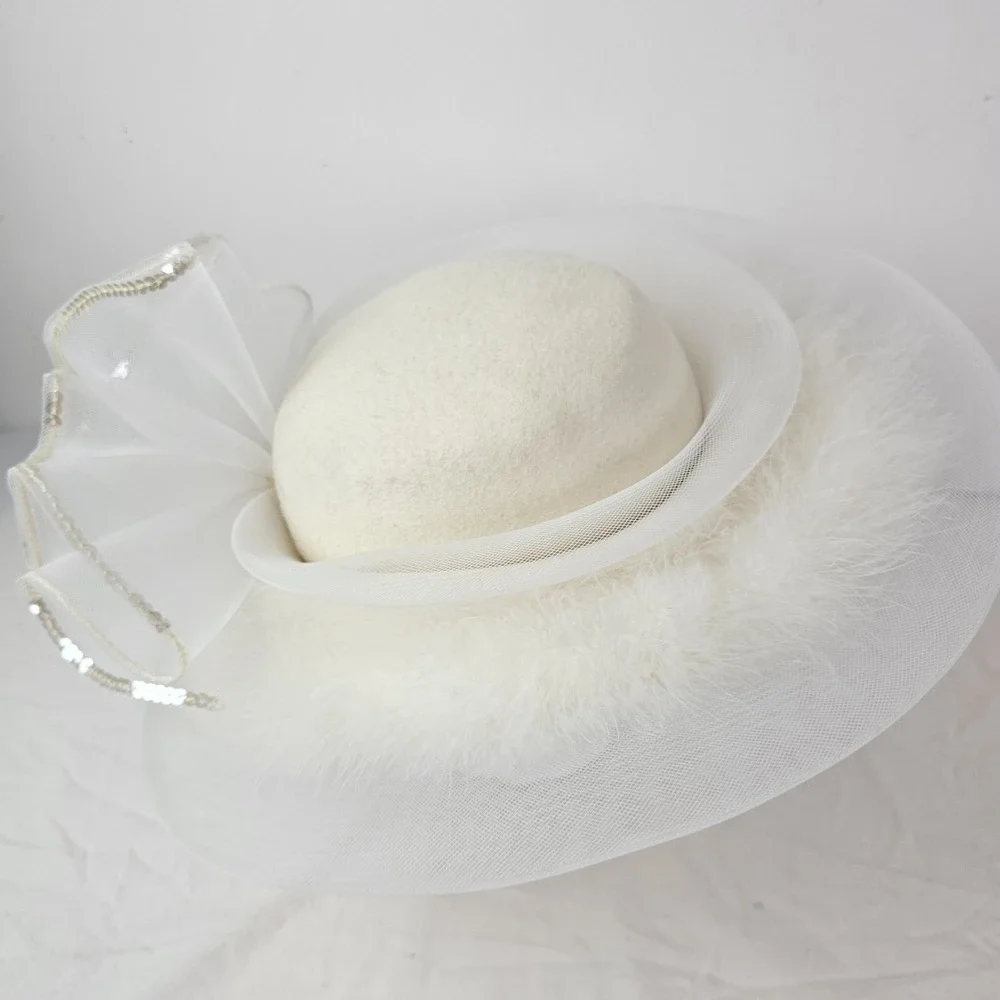Womens Church Hat Vintage Ivory Fluffy Feathers Tulle Bow Easter Kentucky Derby